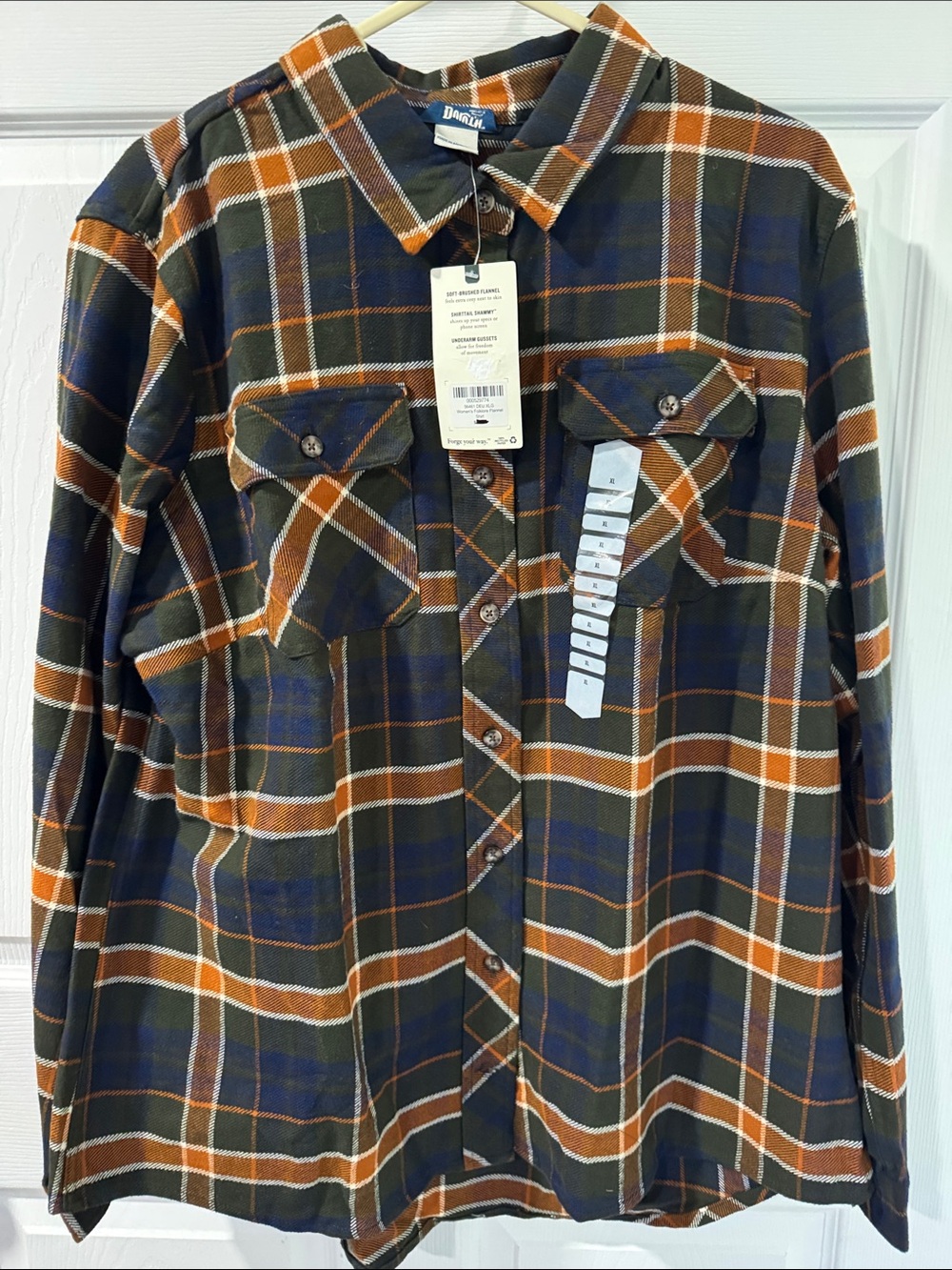 Duluth Trading Co Orange, Navy & Olive Plaid Button-Down Shirt